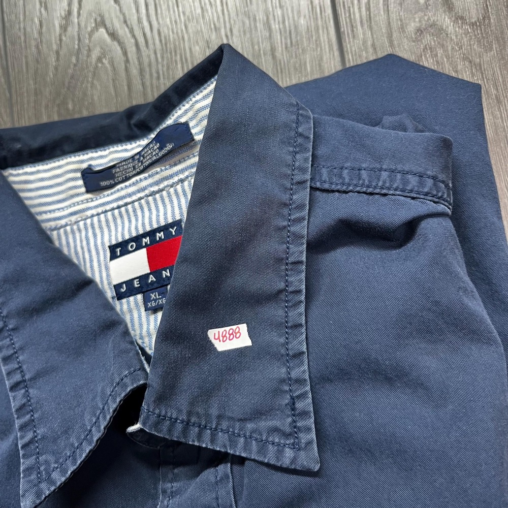 Vintage Tommy Hilfiger Solid Blue Navy Button Up Shirt Preppy XL Flag - Picture 9 of 9